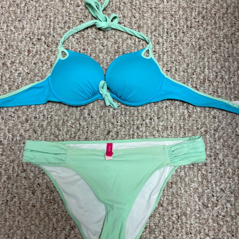 Victoria's Secret blue and green bikini top and bottoms